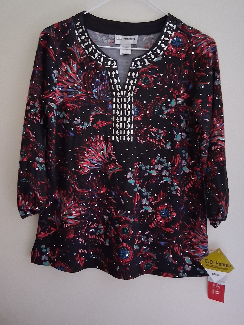 CD Petites Black Floral Beaded-Neck Tunic
